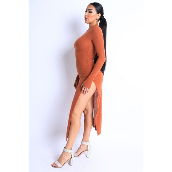 Women's Hacci Mock Neck Long Sleeves Double Slits Maxi Dress Rust S M L - Picture 4 of 7